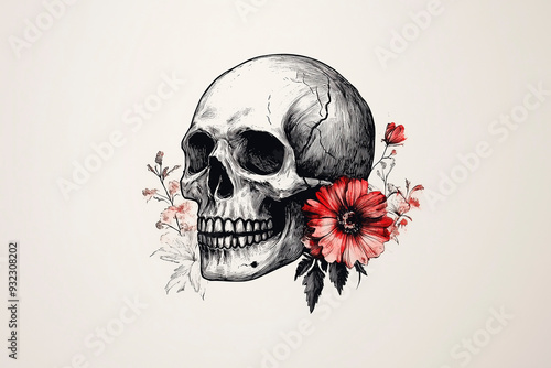 Illustrated skull with floral details on a light background. It represents the day of the dead.