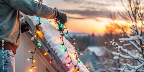 Festive Winter Sunset on the Porch. A person stands on a ladder, hanging colorful Christmas lights along a snowy rooftop.