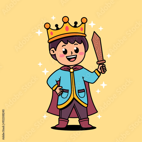 a cartoon character of a handsome boy with a crown wearing a royal prince costume while holding a sword