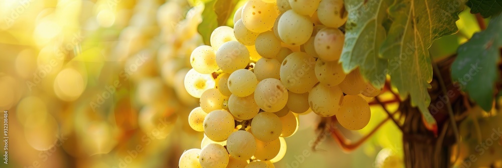 Obraz premium Close-up of a cluster of white grapes in a vineyard