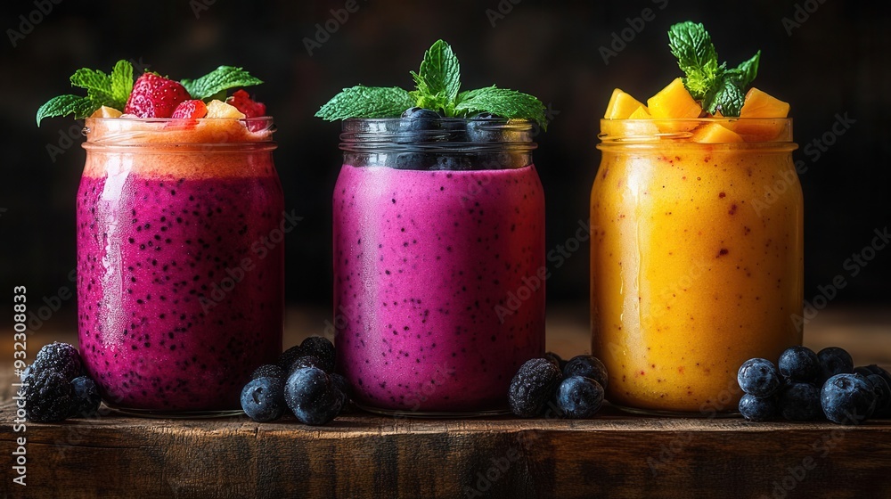 trio of fresh fruit smoothies in glass jars with colorful layers topped ...