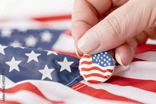 American Flag Pin on a Flag: A Hand Holding an American Flag Pin Above the Stars and Stripes. Celebrate Patriotism with This Symbol of National Pride