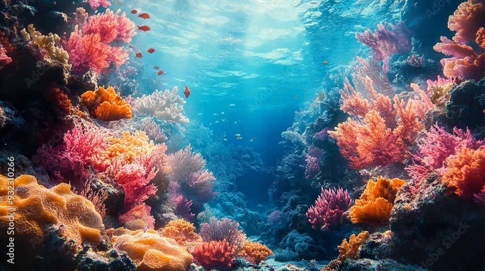 Obraz premium Vivid coral reef landscape with shimmering light underwater wallpaper