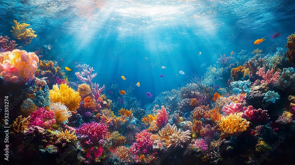 Naklejka premium Stunning underwater scene with coral reef and vibrant light wallpaper