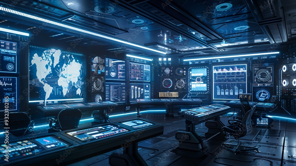 A futuristic control room with screens displaying data and a world map. A futuristic control room with screens displaying data and a world map.