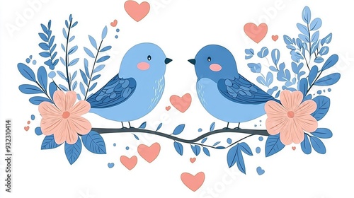  A pair of azure avians perched atop a tree limb, surrounded by blossoms and heart-shaped symbols