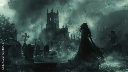 A woman in a long dress stands in a foggy graveyard, a church tower looms in the background with lightning striking in the stormy sky.