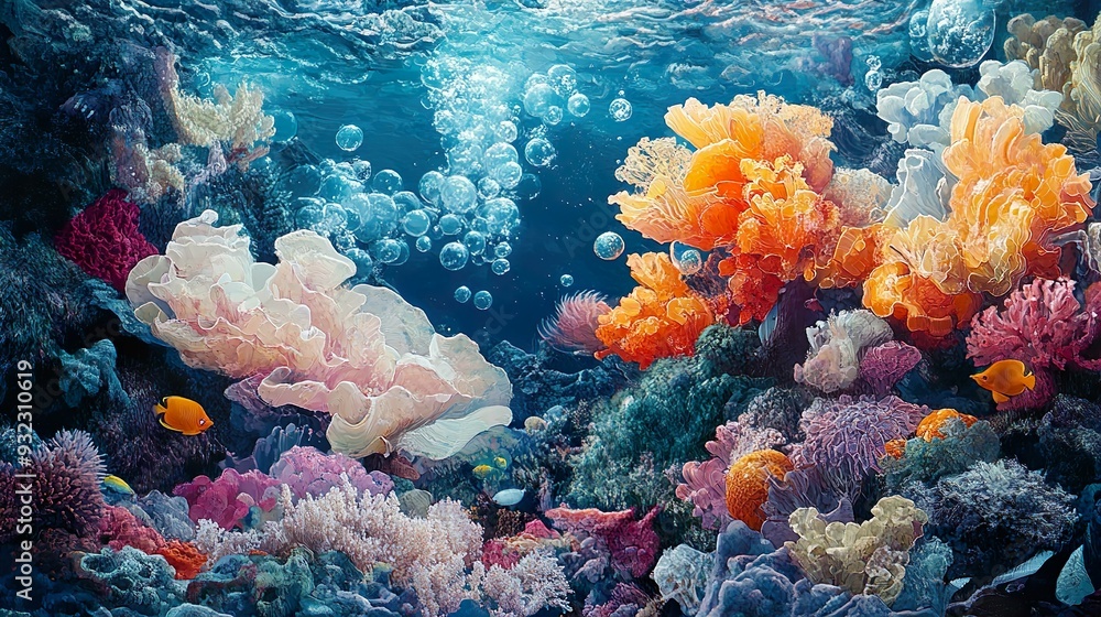Naklejka premium Dynamic coral reef with underwater light shining through wallpaper
