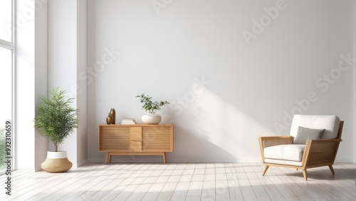 Fototapeta Naklejka Na Ścianę i Meble -  Interior of a bright living room with armchair on empty white wall background