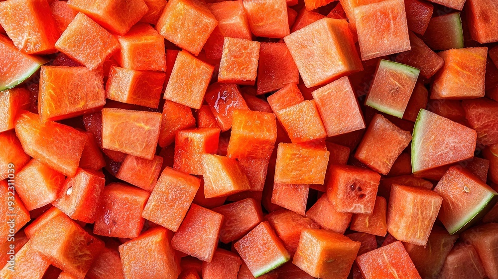 A pile of chopped carrots sits on the cutting board, accompanied by another pile of chopped carrots A pile of chopped carrots sits on the cutting board, accompanied by another pile of chopped carrots