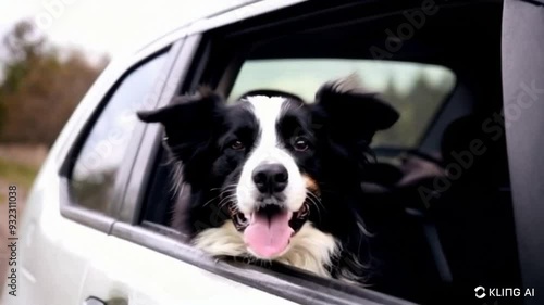 A dog is travelling in a car and looks out of the window