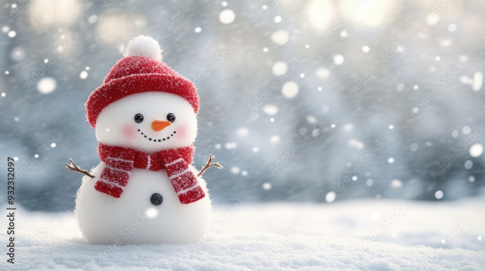 A cute snowman with a red hat and scarf smiles in a snowy landscape, surrounded by glimmering bokeh lights and softly falling snowflakes A cute snowman with a red hat and scarf smiles in a snowy landscape, surrounded by glimmering bokeh lights and softly falling snowflakes