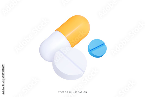 3D Medical pills. Yellow oval shaped capsule tablet. Vitamins and antibiotics for health. Healthcare and medicine. Pharmacy drug. Cartoon icon isolated on white. 3D Vector illustration