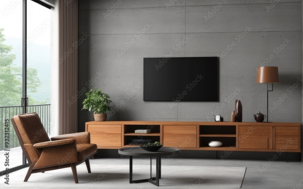 Living room interior have cabinet for tv and leather armchair in cement room with concrete wall Living room interior have cabinet for tv and leather armchair in cement room with concrete wall