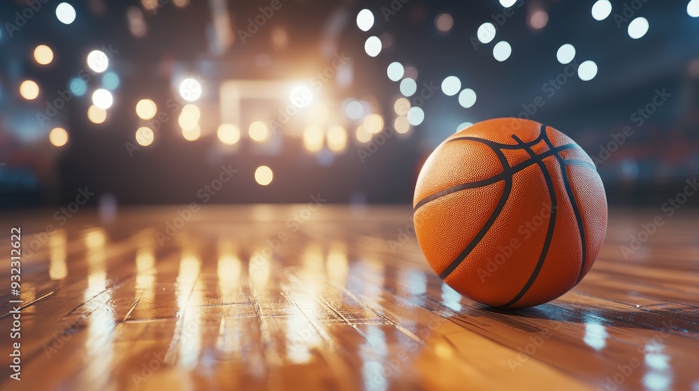 A basketball is sitting on a wooden floor in a room with a dark A basketball is sitting on a wooden floor in a room with a dark