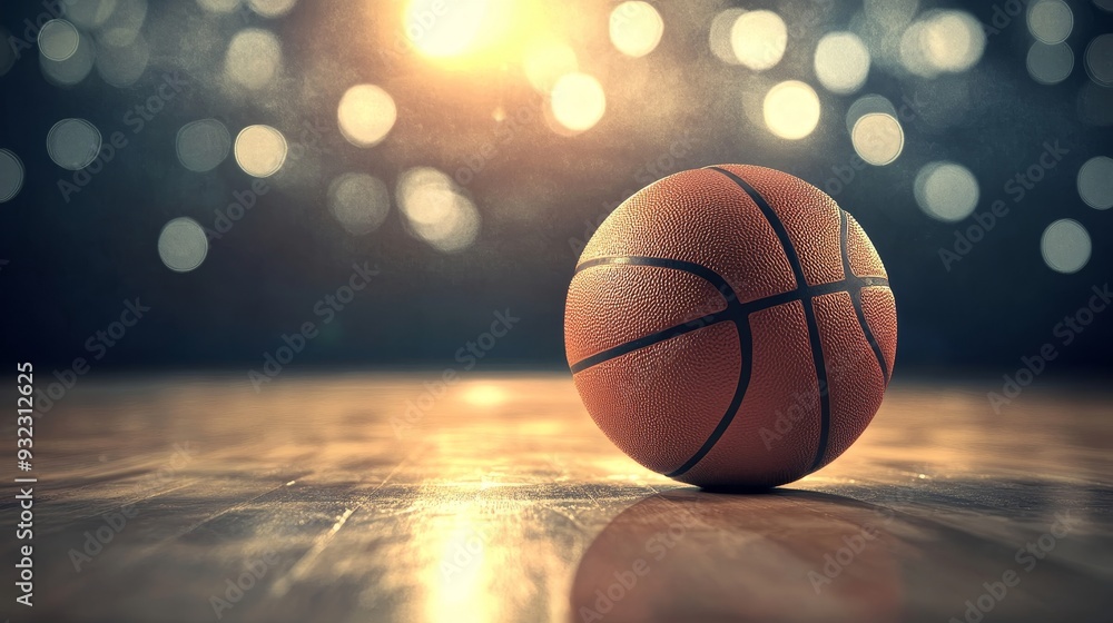 A basketball is sitting on a wooden floor in a dimly lit room A basketball is sitting on a wooden floor in a dimly lit room