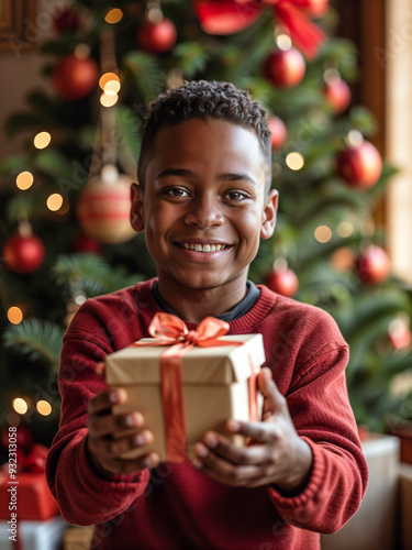 niño de piel negra, sosteniendo caja de regalo en celebracion de navidad.