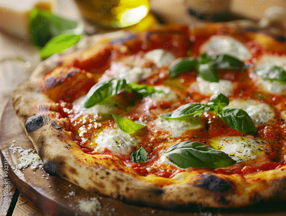 A close-up shot of a freshly baked Pizza Napoletana with a thin, charred crust, topped with fresh mozzarella, vibrant red tomato sauce, basil leaves, and a drizzle of olive oil. The pizza is served on A close-up shot of a freshly baked Pizza Napoletana with a thin, charred crust, topped with fresh mozzarella, vibrant red tomato sauce, basil leaves, and a drizzle of olive oil. The pizza is served on