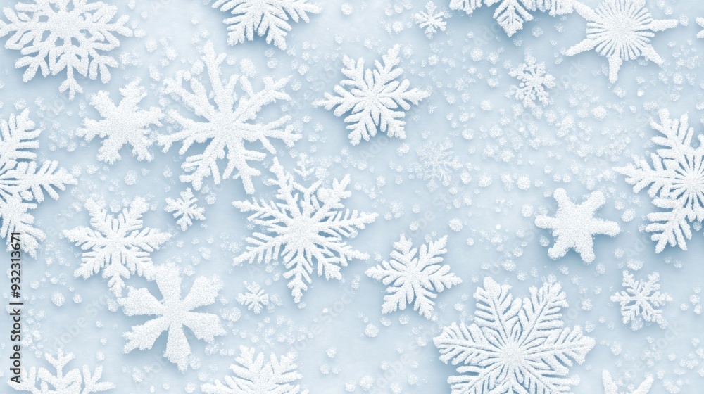 White snowflakes on a plain white or blue background, highlighting their unique symmetrical patterns. SEAMLESS PATTERN. White snowflakes on a plain white or blue background, highlighting their unique symmetrical patterns. SEAMLESS PATTERN.