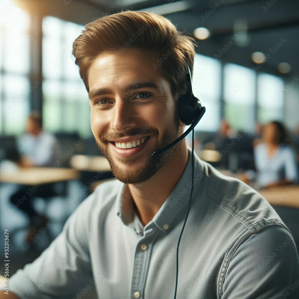 Professional, friendly and attentive call center agent with headset. He is clearly engaged and enjoys his work, exuding competence. Supportive team environment. Generative AI