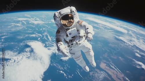 An astronaut floating above Earth, with the planet's surface visible below