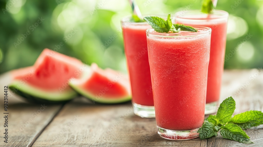Seasonal refreshments There's a glass of watermelon smoothie on the table. Seasonal refreshments There's a glass of watermelon smoothie on the table.