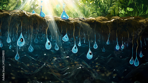 Light shining through soil layer, water droplets moving through plant roots, illustrating the natural water cycle and underground hydration in a lush green environment.
