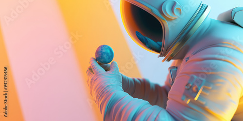 3d astronaut in a spacesuit holding a small planet on a colored background with copy space photo