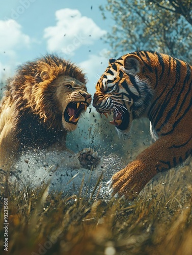 A lion fighting a tiger in a cinematic style, hyperrealism and fantasy.
