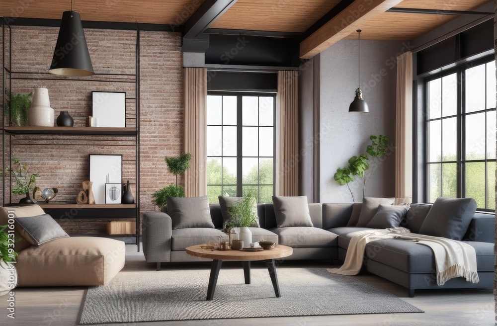 Loft style house with sofa and accessories in the room Loft style house with sofa and accessories in the room