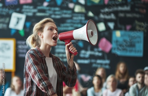 Confident young woman with blonde hair speaking passionately into megaphone at political rally or business conference with audience in defocused background