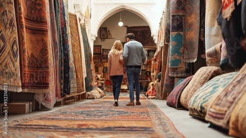 Young couple immersed in the bustling atmosphere of a vibrant Moroccan market, surrounded by a kaleidoscope of colorful carpets and intricate patterns