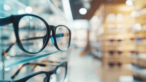 Black eyeglasses on the glass shelf in the store. Blurred background with defocused lights and other glasses on the shelves.