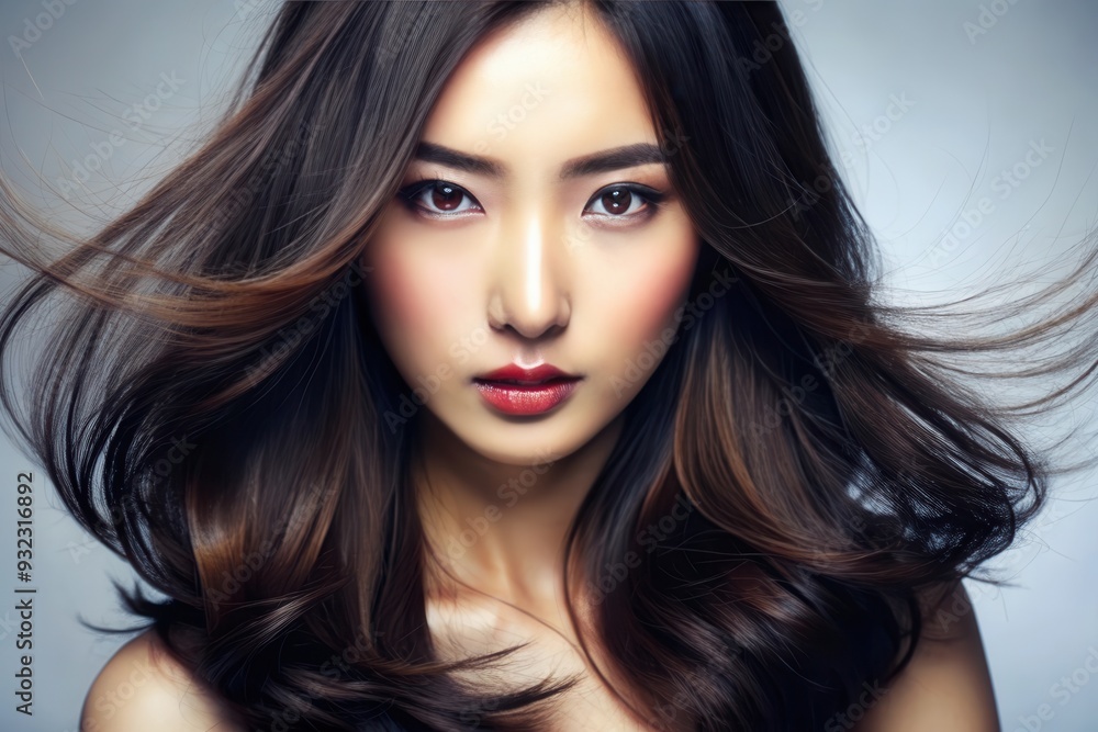 A portrait of a woman with flowing hair and striking features against a soft gradient background. Generative AI A portrait of a woman with flowing hair and striking features against a soft gradient background. Generative AI