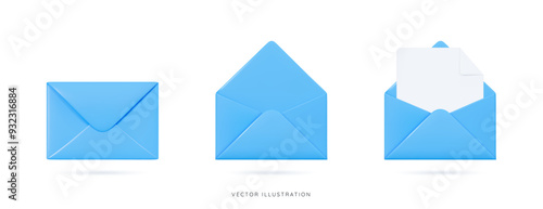 3D Blue envelopes icon set. Open and close letters. Subscribe to newsletter. Email message. Send post card. Envelope with document. Mail notification. Cartoon design icons. 3D Vector illustration