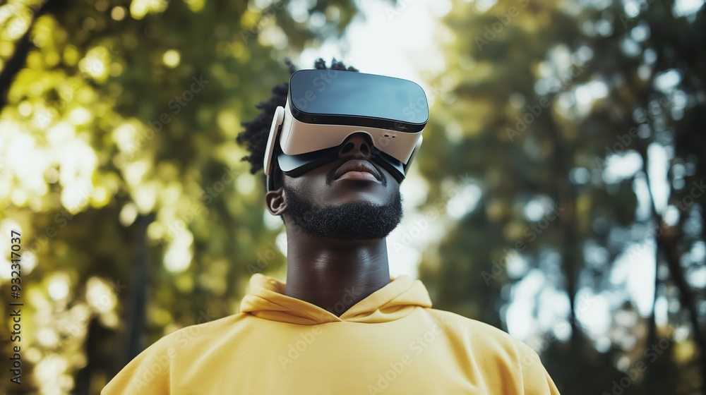 African American Man Immersed in Virtual Reality Experience in Lush Park Setting, Surrounded by Green Trees and Nature Wonders African American Man Immersed in Virtual Reality Experience in Lush Park Setting, Surrounded by Green Trees and Nature Wonders