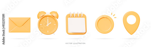 3D Cartoon office set emoji icons. Yellow envelope, clock, calendar and golden coin, location pin. Business and education concept. Work collection elements. Finance objects. 3D Vector Illustration