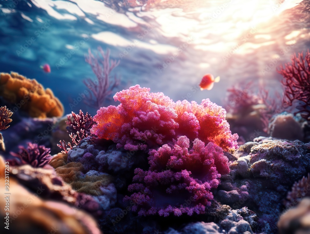 Fototapeta premium Coral reef with a vibrant array of marine life, photographed in crystalclear water, Underwater, Colorful, High Detail
