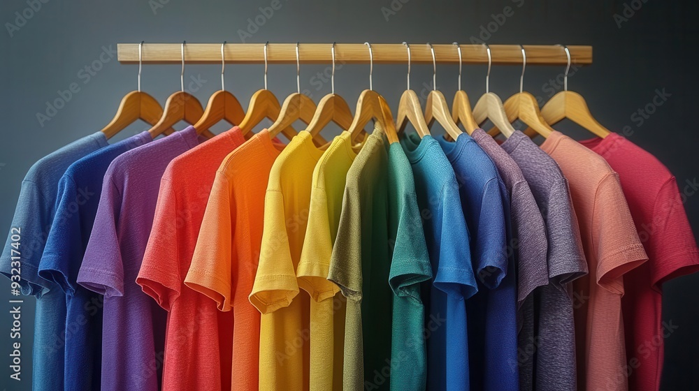 Fototapeta premium vibrant retail display of multicolored tshirts on wooden hangers rainbow gradient effect soft fabric texture visible clean minimalist backdrop fashionforward arrangement
