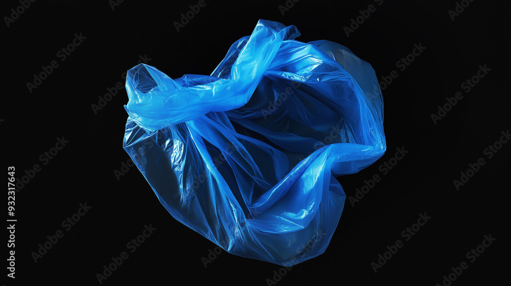 Fototapeta premium Crumpled blue plastic bag floating against a dark background, highlighting the translucent texture and shape. The image evokes themes of pollution, waste, and environmental impact
