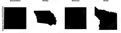 Shackelford, Shelby, Sherman, Smith outline maps