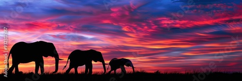 A family of elephants strolls together against a breathtaking sunset, with vivid clouds painting the sky in a spectrum of colors. Generative AI photo