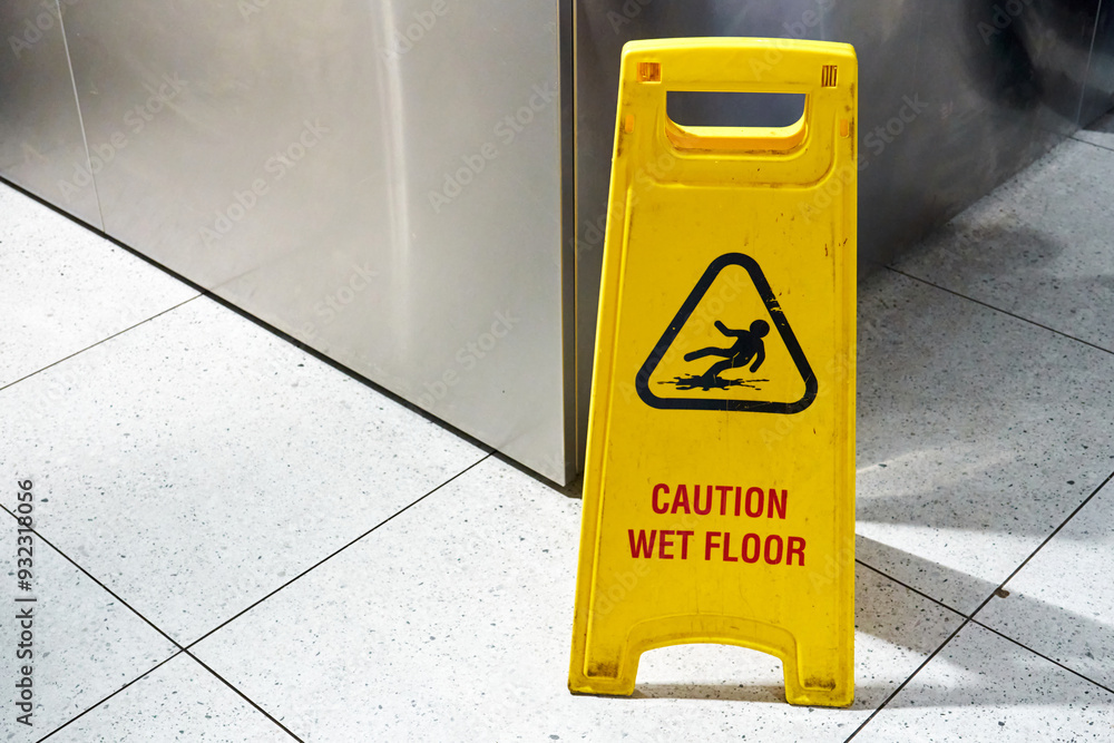 A yellow floor folding sign that draws attention to a freshly washed slippery floor.