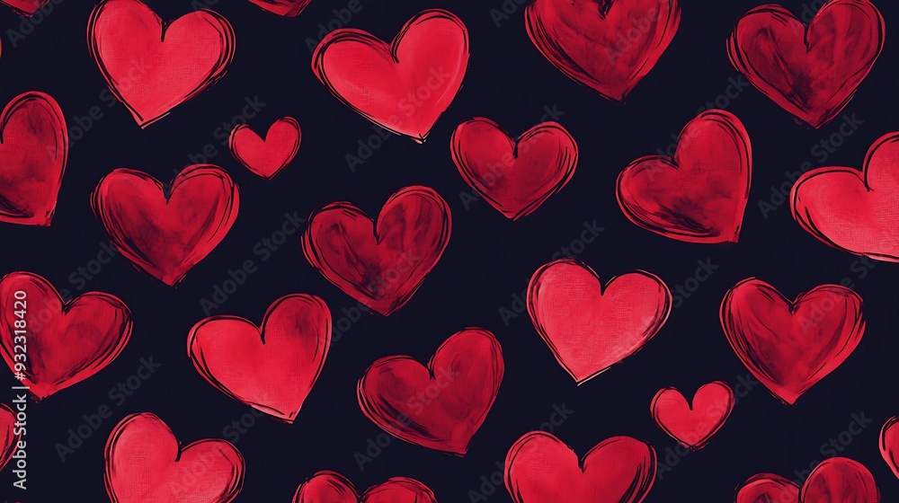 A seamless pattern of hand-drawn red hearts on a dark background.