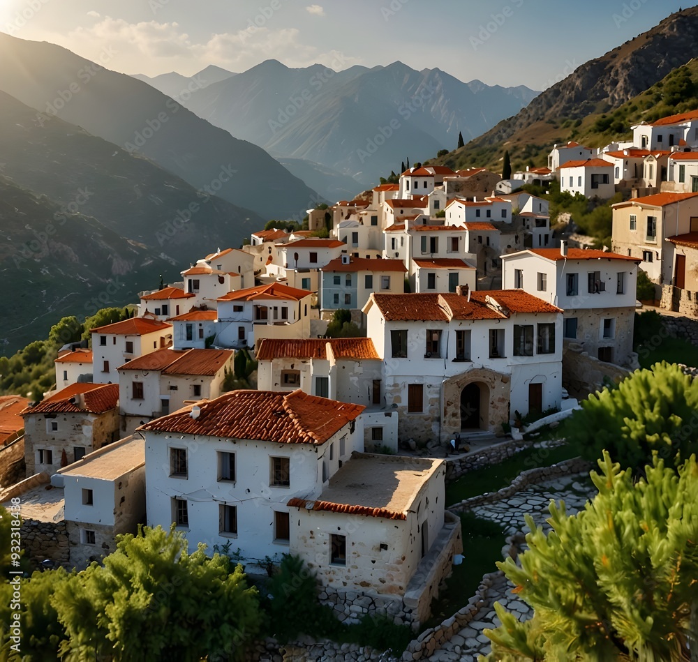 Depict the charming village of Dhërmi with its whitewashed stone houses, terracotta roofs, and narrow cobblestone streets. The scene is set against a backdrop of rugged mountains and lush greenery. Depict the charming village of Dhërmi with its whitewashed stone houses, terracotta roofs, and narrow cobblestone streets. The scene is set against a backdrop of rugged mountains and lush greenery.