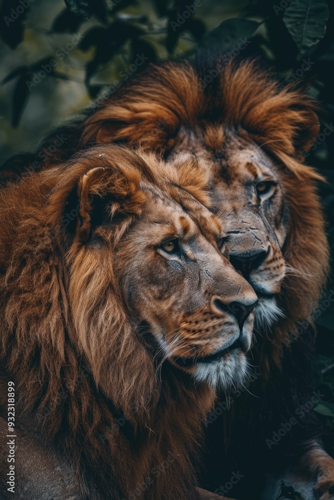 Fototapeta premium Two lions resting together, a moment of relaxation and companionship