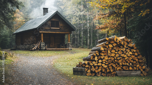 A rustic log cabin nestled in a forest with a large stack of firewood neatly piled in the yard. Smoke rises from the chimney, adding to the cozy and secluded atmosphere of the woodland retreat. photo