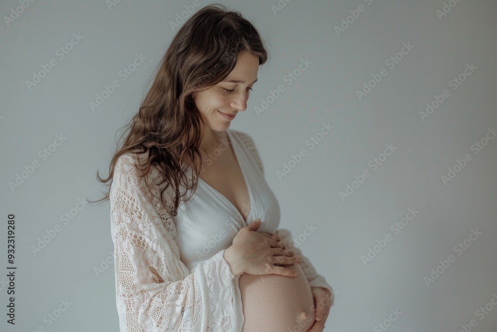 A pregnant woman in a white robe holds her belly, showcasing her growing stomach A pregnant woman in a white robe holds her belly, showcasing her growing stomach