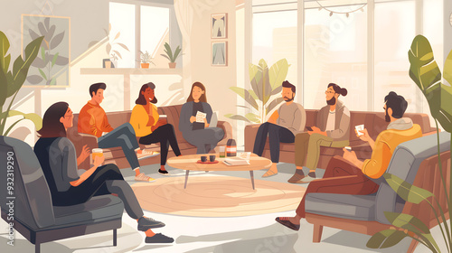 Diverse Group of Friends Having a Relaxed Conversation in Cozy Living Room with Plants and Natural Light