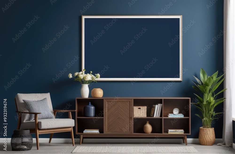 Mockup frame on cabinet in living room interior on empty dark blue wall background Mockup frame on cabinet in living room interior on empty dark blue wall background